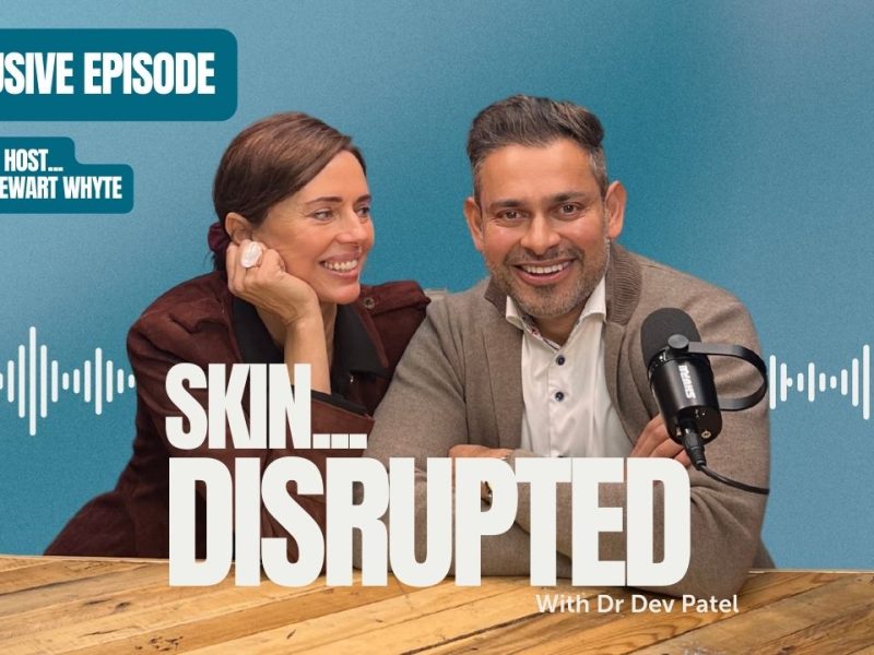 podcast thumbnail of Heather Stewart Whyte and Dr. Dev Patel for the Skin...Disrupted podcast episode 'the supermodel and the skincare rebel'.