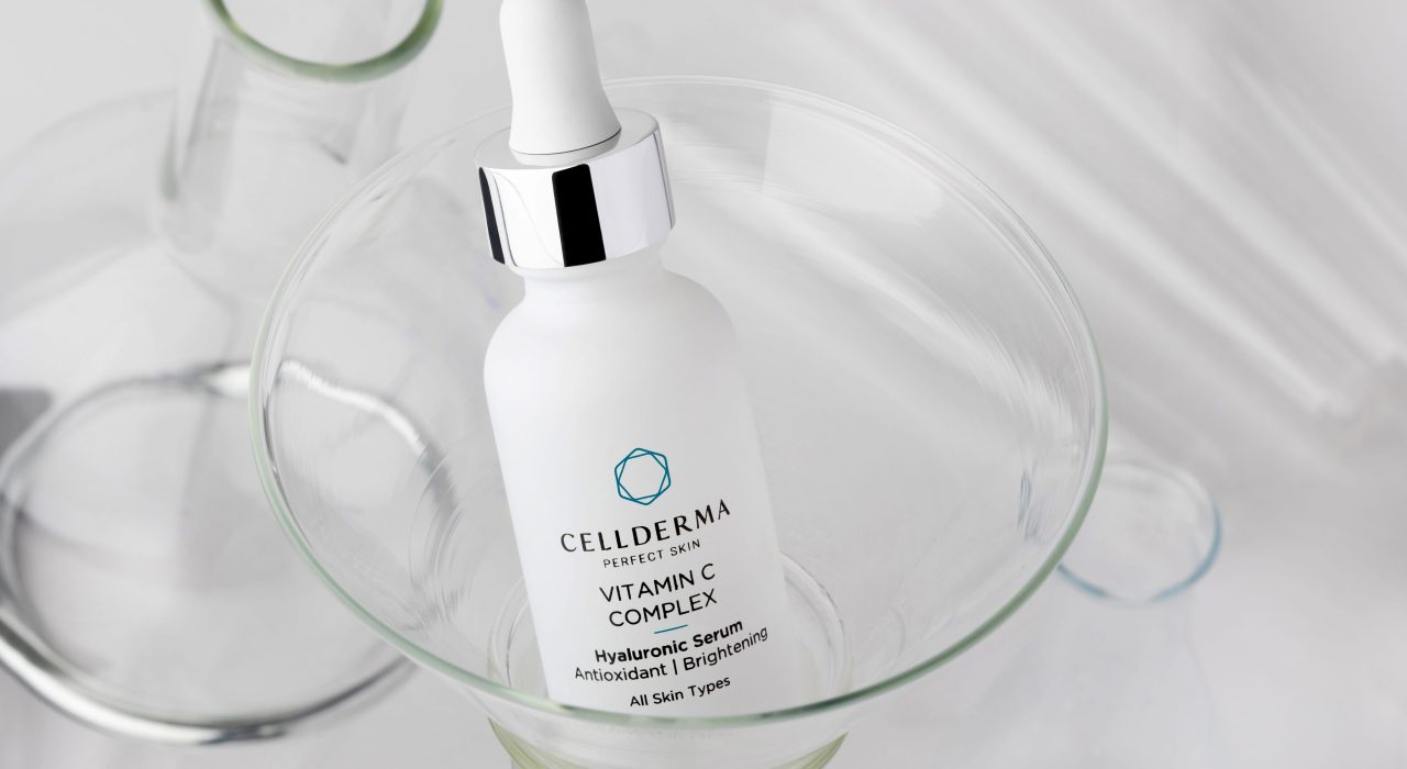 Vitamin C serum bottle in glass test tube professional photography